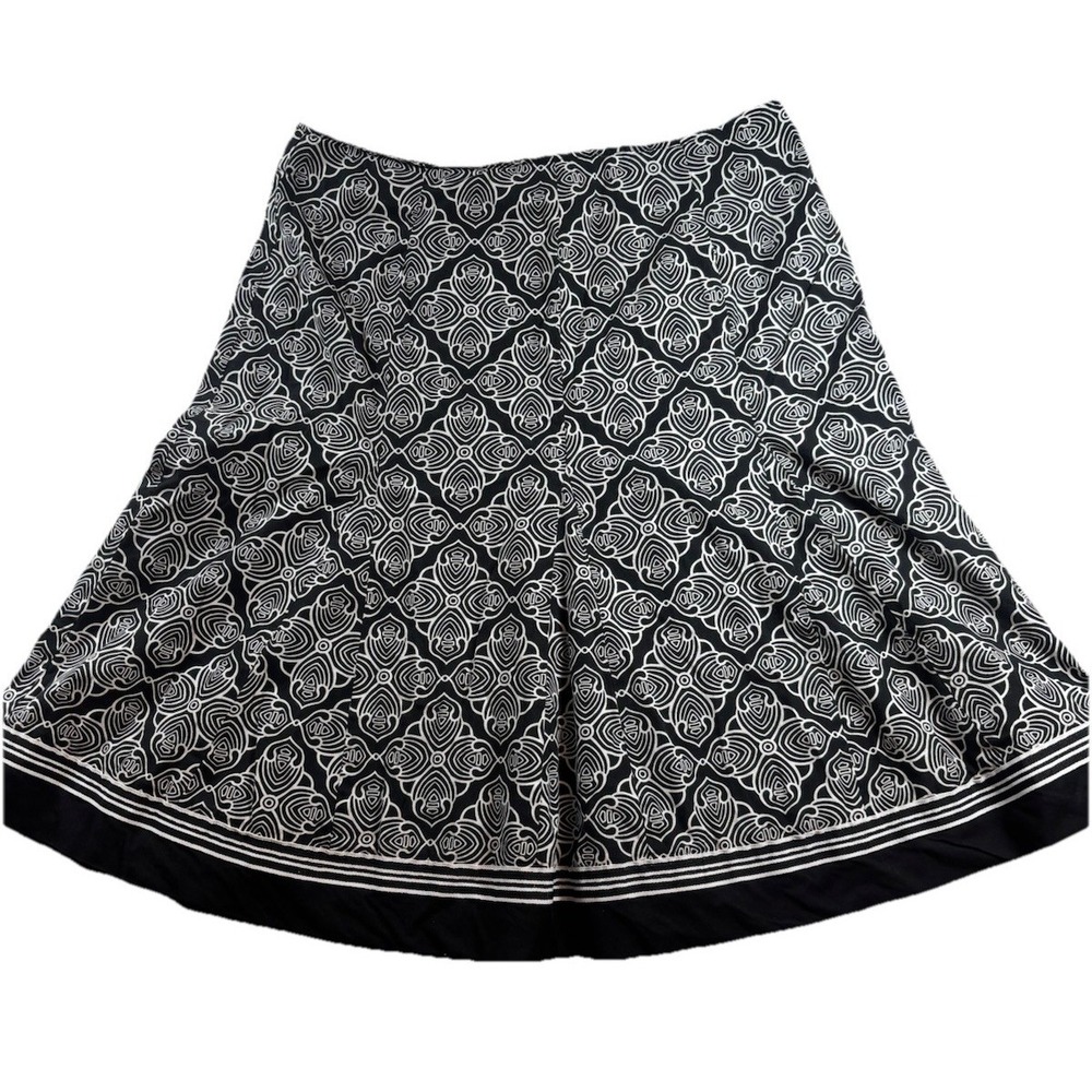 Signature Robbie Bee Skirt Womens 12 Black White Geometric A Line Pleated Cotton